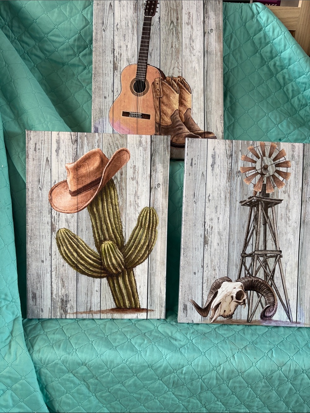 Set of 3 Western Rustic Wall Art Panels - Cactus, Guitar & Windmill